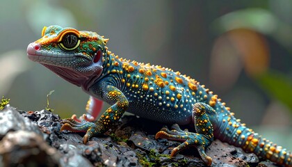 Stunning macro portrait of a fantasy gecko, a vividly colored reptilian creature with iridescent scales, a digital art illustration