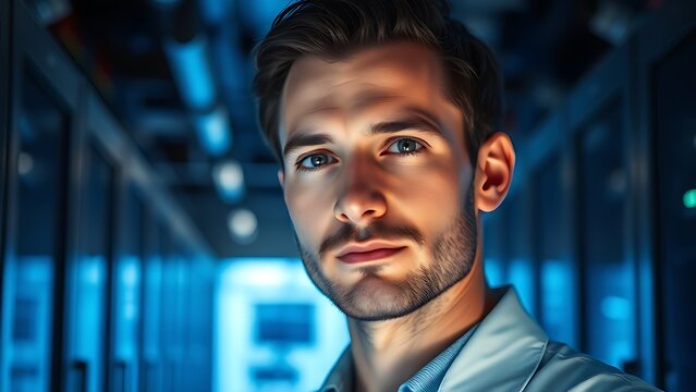 A technical specialist focuses intently with soft blue server room lighting.