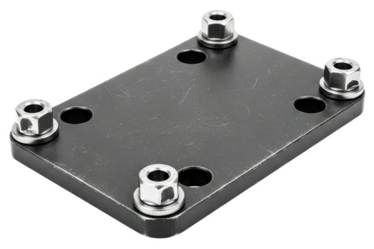 Black metal mounting plate with four holes and bolted nuts on a transparent background