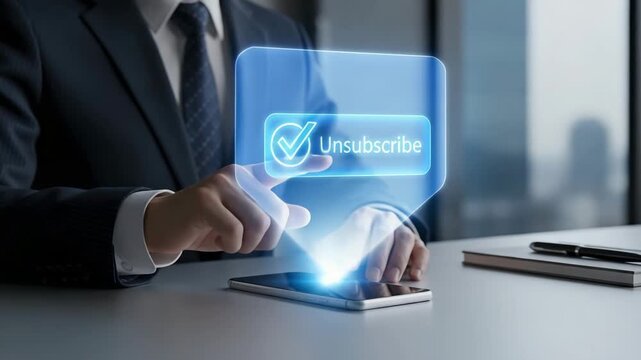 Hands-on technology concept: a businessperson's digital unsubscribe button.