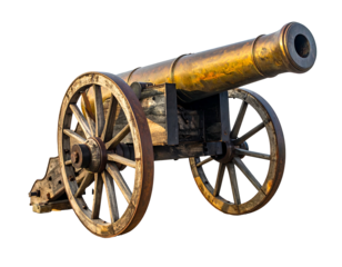 Polished brass cannon mounted on rustic wooden carriage, isolated against a black background, shining under sunlight