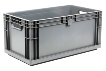 Heavy-duty grey plastic container for industrial storage use on a transparent background