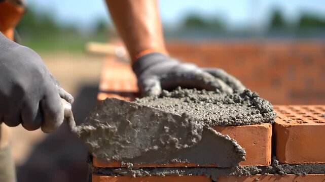 Close-up of bricklayer applying mortar to bricks.