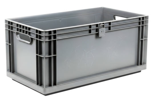 Heavy-duty grey plastic container for industrial storage use on a transparent background - Powered by Adobe