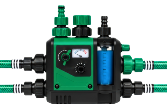Automatic green garden water timer for controlling irrigation on a transparent background