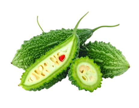 Three bitter melons, one sliced lengthwise and another sliced round, displaying seeds, on a dark transparent background