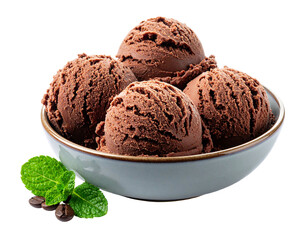 Four scoops of chocolate ice cream in a ceramic bowl, adorned with mint leaves and coffee beans