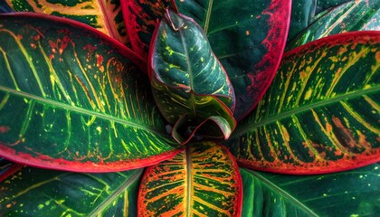 A stunning top-down view of a tropical croton plant, showcasing its vibrant foliage with fiery red, deep green, and glowing yellow patterns