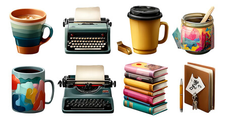 Vintage Typewriters and Colorful Mugs with Creative Art Style Elements