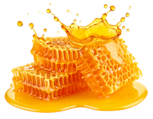 Stack of honeycombs with a vibrant yellow splash on a transparent background; rich, natural light illuminates the cells