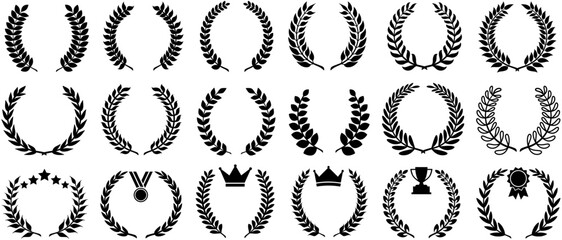 set vector laurel wreaths collection. Award Winner, crown, trophy, medals, emblem symbol design illustration