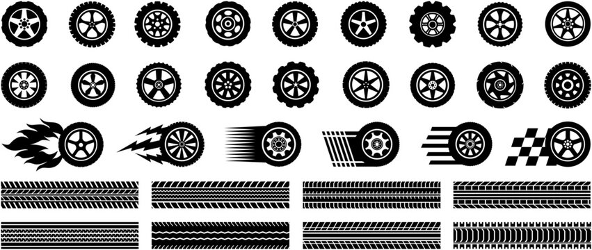 set car wheel icon collection. fast speed wheels symbol tire track texture racing logo design vector illustration