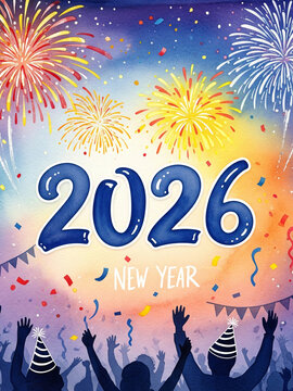 Celebratory illustration features the text "2026 New Year" in bold blue letters. Vibrant fireworks burst in red, yellow, and blue hues against a gradient sky