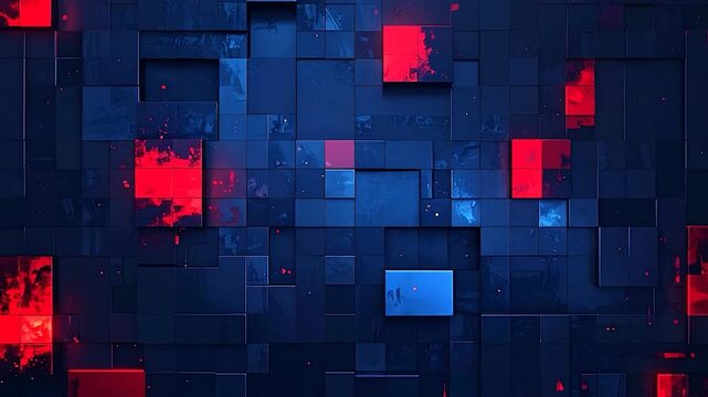 Abstract wall of blue and red squares with texture, depth, and scattered glowing elements