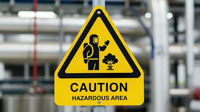 Yellow Caution Hazardous Area Sign for the concept of danger and industrial hazard.