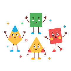 Vector basic geometric figures with face, hands and legs. Trendy different geometric shape characters. Cute funny smiling shape characters for kids and children. Design for school and kindergarten.
