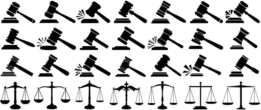 set vector judge gavels icon justice scale symbol. law judgment sign design illustration