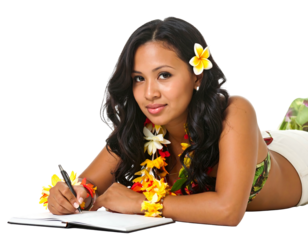 Smiling woman with flower in hair lies prone, writing in a notebook with black pen, against a black background
