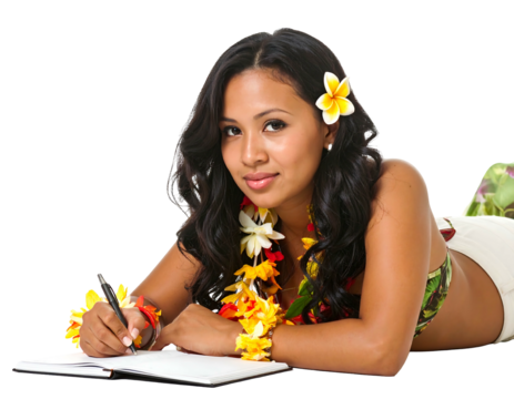 Smiling woman with flower in hair lies prone, writing in a notebook with black pen, against a black background