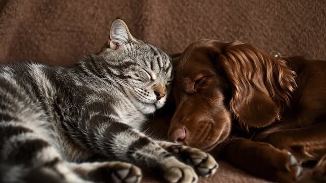 A cat and a dog are asleep together, heads touching. A cozy brown backdrop