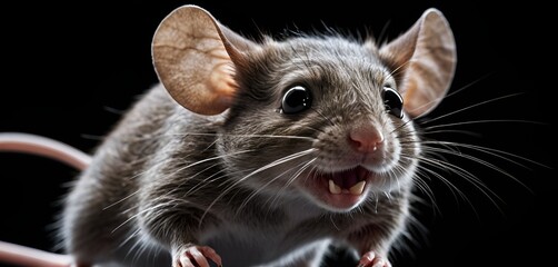 A close-up captures a furry, gray rodent with whiskers and wide eyes against black backdrop.
