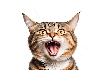 Obraz premium Close-up of a ferocious tabby cat showing fangs, mouth wide open, looking angry on white