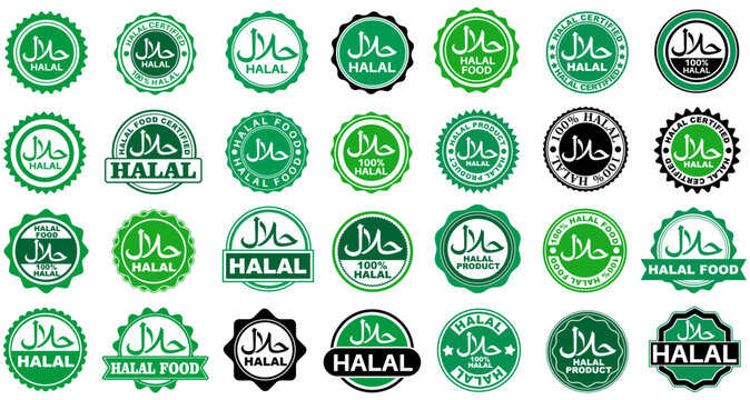 vector set halal certified labels stamps sticker. halal food badge icon halal product sign symbol template design illustration