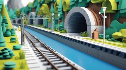 Vivid cartoon illustration shows a railway track running alongside a body of water towards a tunnel entrance, with stylized trees and foliage enhancing the landscape, creating a pleasant, colorful,...