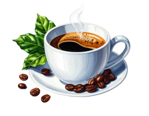 Steaming dark coffee in white cup w/ beans & leaves. Isolated on black. Decorative, inviting, relaxing, aromatic vibes