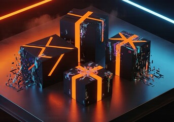 Stack of futuristic gift boxes illuminated by orange and blue neon cyberpunk lights.