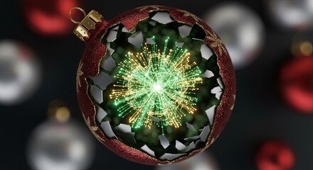 Transparent ornament filled with glowing geometric structure and neon particles.
