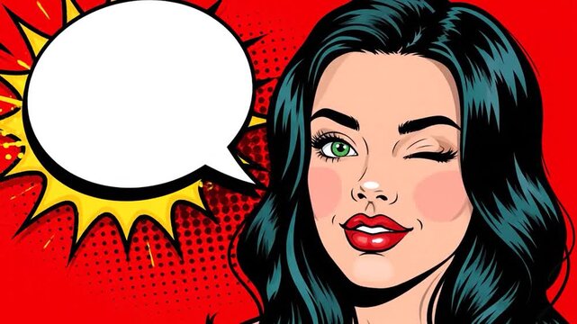 Pop art portrait of a woman winking, speech bubble above. Red background with dots