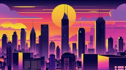 Illuminated cityscape silhouettes showcase a vibrant sunset sky with vivid hues of orange, purple, and pink, complemented by a large, radiant sun and fluffy clouds over the horizon, creating a...