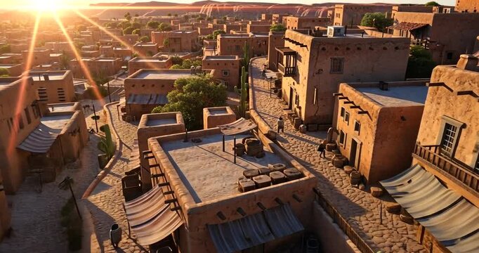 Aerial view of a historic desert town at sunset, showcasing adobe buildings and vibrant market activity