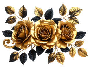 Three golden roses and black leaves are in a close-up arrangement on a transparent black background