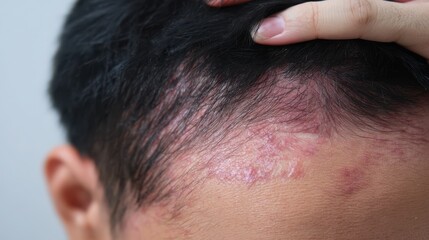 Close-up of seborrheic dermatitis on a person's scalp with flaky, red, inflamed skin