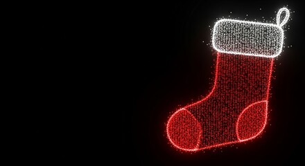Red neon Christmas stocking glowing with white light on dark digital background.