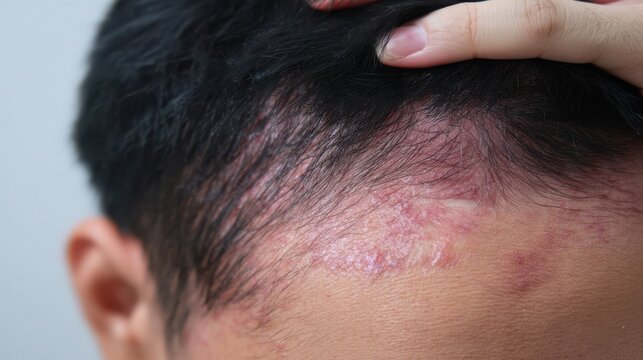 Close-up of seborrheic dermatitis on a person's scalp with flaky, red, inflamed skin