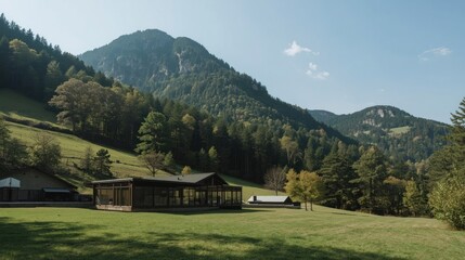 Serene landscape captures a sprawling green meadow with a modern architectural structure nestled near lush, forested mountains.