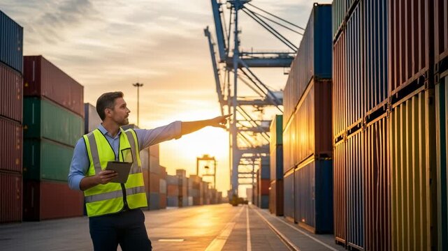A dock worker gestures towards a row of shipping containers at sunset. The sky is golden