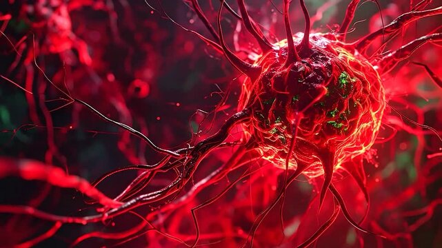 A close-up of a vibrant, biological structure, red and green hues, branching outward - Powered by Adobe