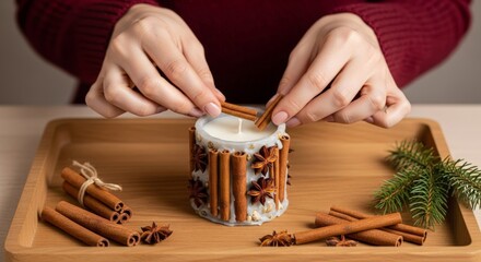 Hands decorating handmade candle with cinnamon sticks and dried orange for rustic holiday decor.