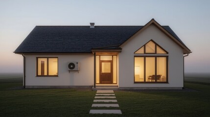 Modern, single-story home with a dark gray roof, warm interior lighting, and a path leading to the front door is illuminated at dusk.