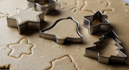 Fototapeta premium Close-up of cookie cutters in star shapes on rolled dough ready for baking.