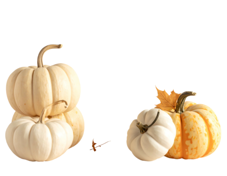 Three gourds (white and orange speckled) with curled stems, plus a maple leaf, against a stark black background
