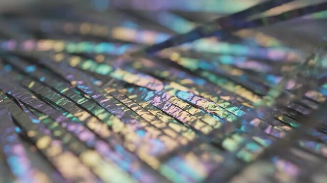 Close-up of iridescent, cut, and layered material creating an abstract and colorful textured surface