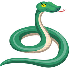 Green cartoon snake coiled with yellow eye and red tongue flicking against a white background with pixelated details