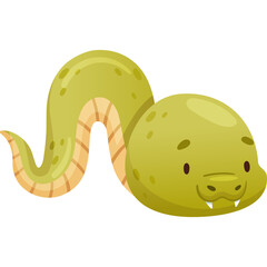 Green cartoon snake with playful eyes and fangs on a transparent background