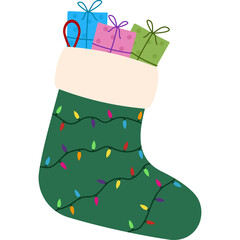 Green Christmas Stocking Filled With Gifts and Decorated With Colorful Lights Festive Holiday Symbol