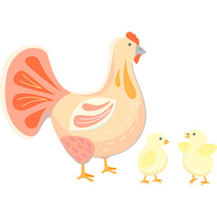 A Gentle Cartoon Chicken With Two Chicks Standing Together On A White Background During Daytime In A Soft Palette Of Peach And Yellow Hues